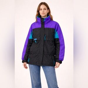 Women's Purple and Black Puffer Jacket with Teal Accents
